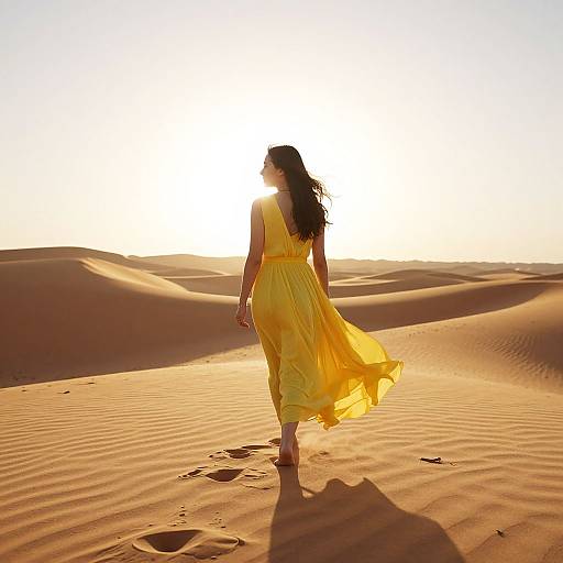 Photograph of a woman in a flowing yellow dress walking through sunlit desert sand dunes, backlit by a bright, glowing sun.