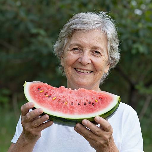 Photograph of an elderly woman with short gray hair, smiling, holding a slice of watermelon with red flesh and black seeds, wearing a white shirt