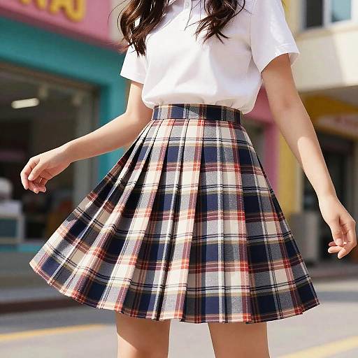 Photograph of a woman with long dark hair, wearing a white shirt and a black, red, and white plaid skirt, standing on a sunny