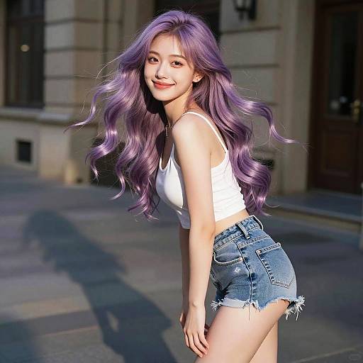 Photograph of a young Asian woman with long, wavy purple hair, wearing a white tank top and high-waisted denim shorts, smiling outdoors