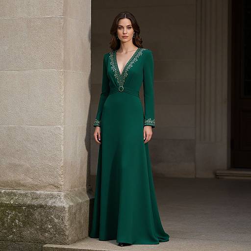 Photograph of a slender woman with long brown hair, wearing a deep green, long-sleeved gown with intricate silver embroidery, standing against a stone