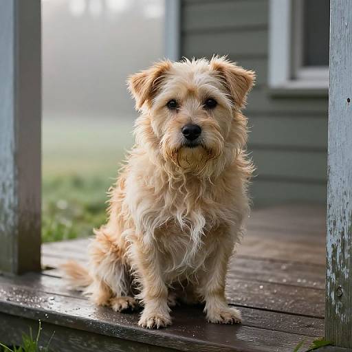 Photograph of a fluffy, light-brown, small terrier dog sitting on a wooden porch, with a green house in the blurred background, and