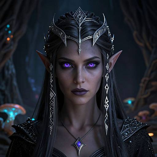 Digital artwork of a dark elf with glowing purple eyes, silver ornate headpiece, and necklace, set in a mystical forest with glowing mushrooms.