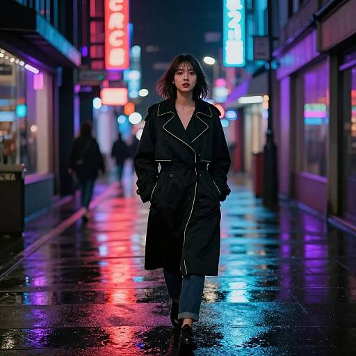 Photograph of an Asian woman in a black trench coat walking in a neon-lit, rain-soaked urban street at night.