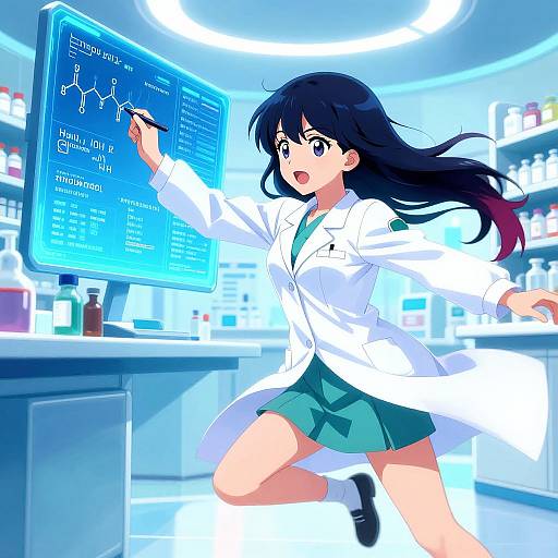 Anime-style digital drawing of a black-haired girl in a white lab coat and green skirt, energetically pointing at a blue molecular diagram on a high