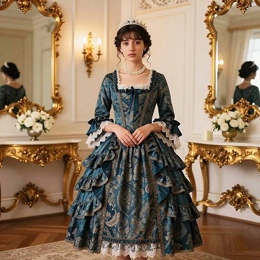 Photograph of a young woman in an elaborate, dark blue, Baroque-style dress with white lace trim, pearl necklace, and tiara, standing