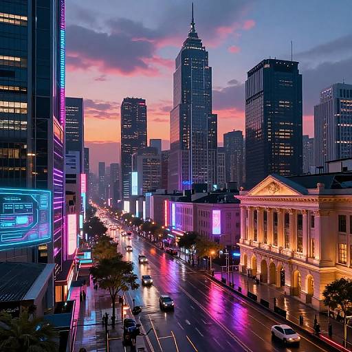 Futuristic Cyberpunk Cityscape at Dusk