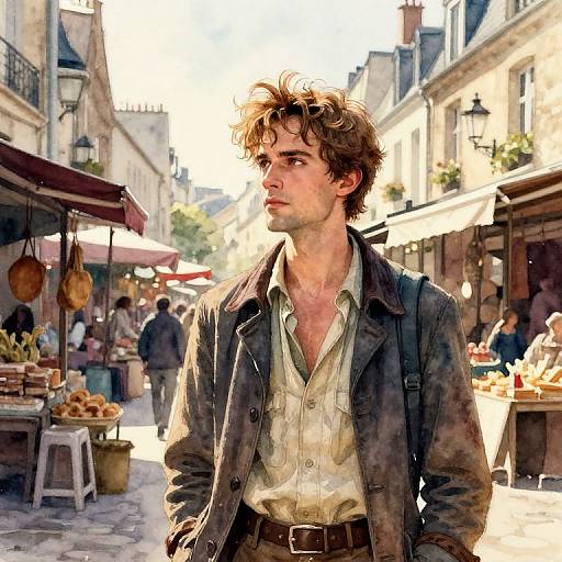 Digital painting of a curly-haired young man in a worn jacket, standing in a sunlit, bustling European street market.