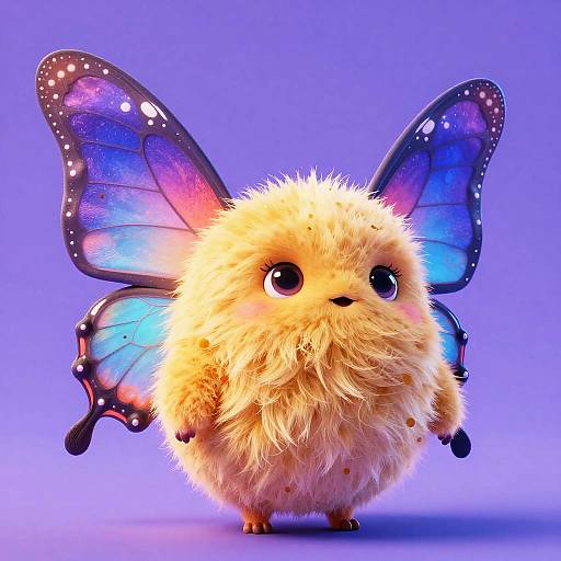 Cute CGI digital artwork of a fluffy, yellow, round, bug-like creature with large, colorful blue and purple butterfly wings against a purple gradient background