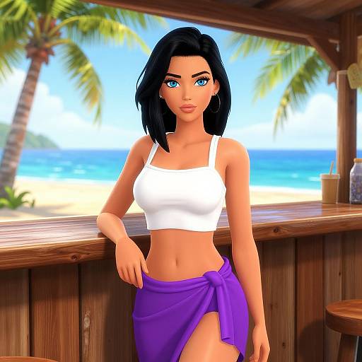 Digital artwork of a beautiful woman with blue eyes, black hair, white crop top, and purple sarong, leaning on a wooden beach bar with palm