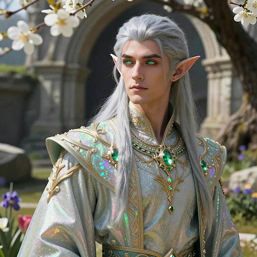 CGI elf with long silver hair, pointed ears, green glowing eyes, wearing shimmering silver and gold ornate robes, standing in a sunlit