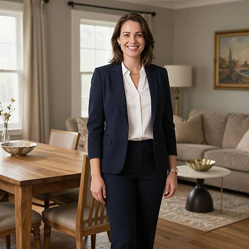 Photograph of smiling woman with medium brown hair, wearing black blazer and white shirt, standing in modern living room with wooden table and beige sofa.