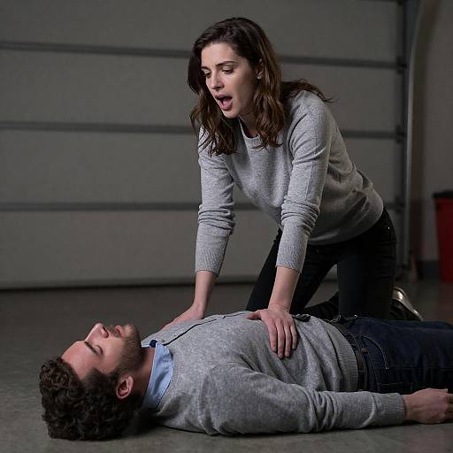 Woman Performing CPR on Man in Garage