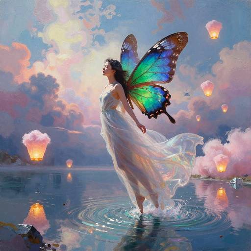 Digital painting of a fairy with vibrant blue-green butterfly wings, wearing a flowing white dress, standing in a rippling lake with glowing paper lanterns in