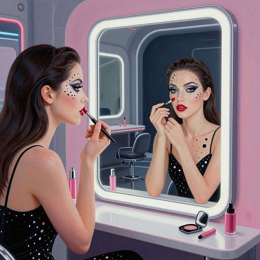 Photograph of a woman with dark hair, black polka-dot dress, applying red lipstick in front of a brightly lit mirror.