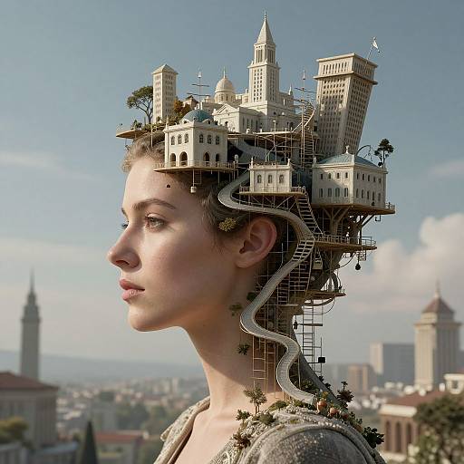 Digital artwork of a woman with a cityscape on her head, featuring buildings, trees, and ladders, against a clear sky.