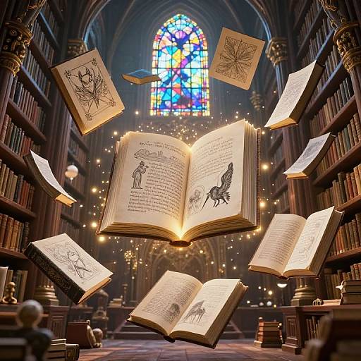 Magical library scene: glowing, floating medieval manuscripts with illustrations surround a central, open book, illuminated by a colorful stained glass window.