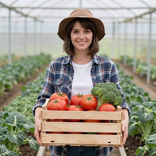Photograph of a smiling woman in a straw hat, plaid shirt, holding a wooden crate of tomatoes and broccoli in a greenhouse.