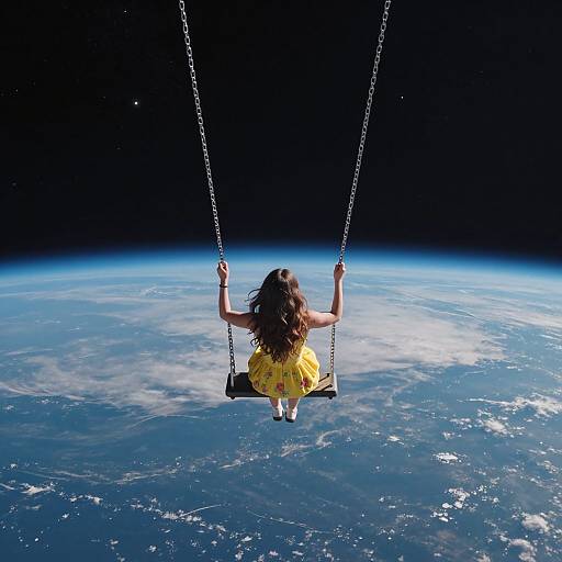 Photograph of a woman with long brown hair in a yellow dress, swinging on a wooden swing with metal chains above Earth from space, against a dark