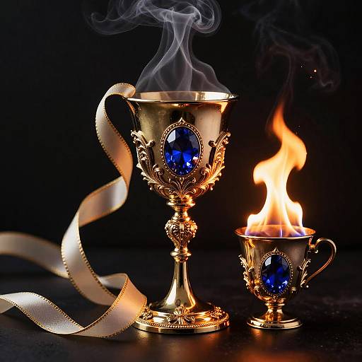 Photograph of two ornate, gold cups with blue gemstones, one smoking and one with a small flame, against a dark background. A gold