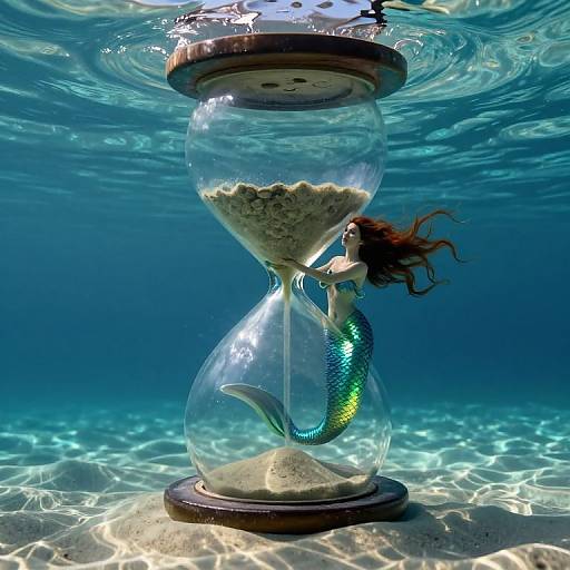 Photograph of a mermaid with green scales and long red hair inside a glass hourglass underwater, surrounded by sunlight and sand.