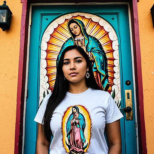 Photograph of a young woman with long black hair, wearing a white t-shirt with a colorful Virgin Mary graphic, standing in front of a blue door