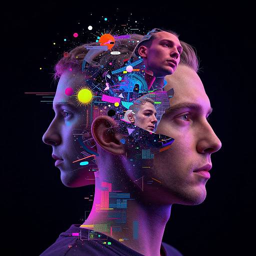Digital art of a man's profile with his thoughts and emotions as colorful, abstract shapes inside his head against a black background.