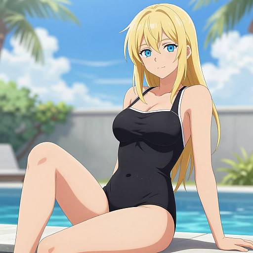 Anime-style digital drawing of a blonde woman with blue eyes, wearing a black one-piece swimsuit, sitting by a pool, with palm trees and a
