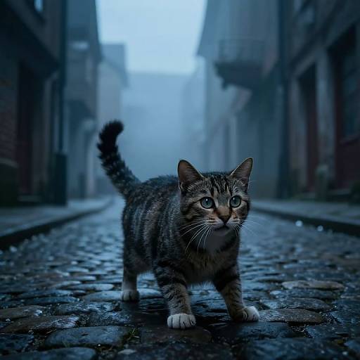 Frightened Cat on Misty Cobblestones