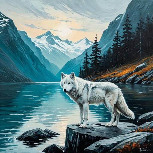 White Wolf by Scandinavian Fjord at Dawn
