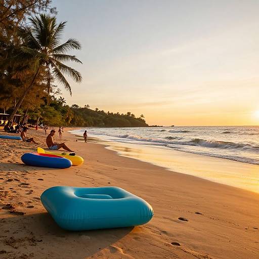 Sunset beach photograph: vibrant inflatable floats on golden sand, palm trees, people relaxing, calm waves, and a warm, orange-hued sky.