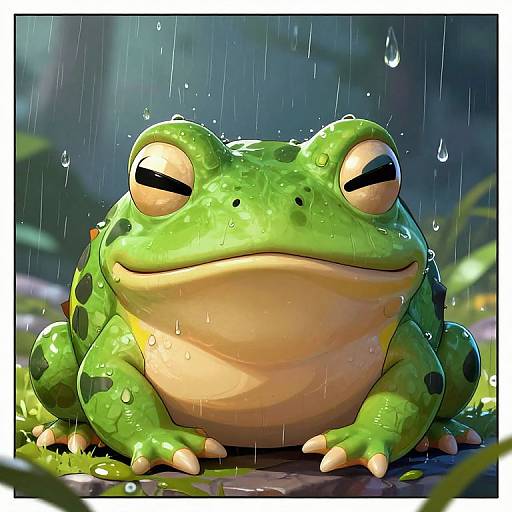 Digital cartoon of a chubby, green frog with large, black eyes, sitting in the rain. Water droplets cover its skin. Background is a blurred