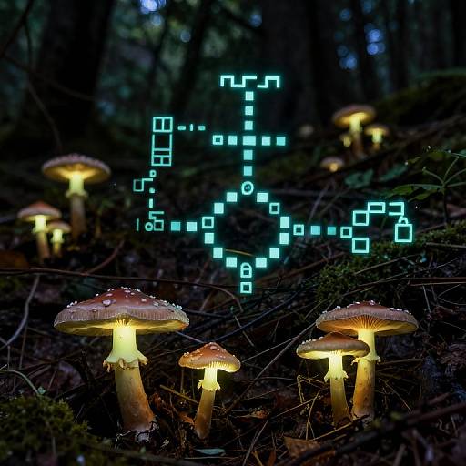 Photograph of glowing digital runes above glowing mushrooms in a dark forest, with other mushrooms in the foreground. Neon blue light contrasts with the warm yellow mushroom
