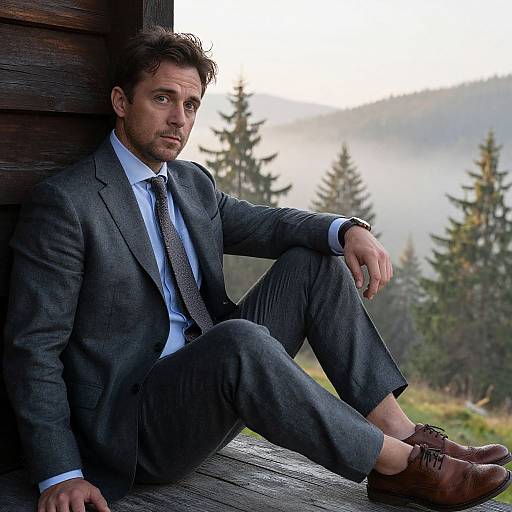 Photograph of a handsome, brown-haired man in a gray suit, blue shirt, and brown shoes, sitting outside a wooden cabin with a misty