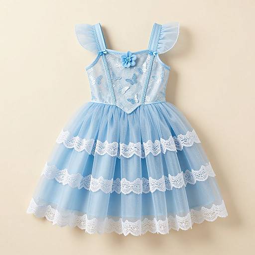 Photograph of a light blue, sleeveless, lace-trimmed, layered, baby dress with floral embroidery and a small blue bow at the center