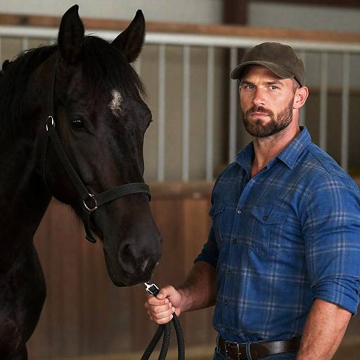 Muscular Man with Black Horse in Barn