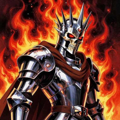 Digital art of a fiery, armored knight with a spiked helmet and red glowing eyes, surrounded by intense orange and red flames.
