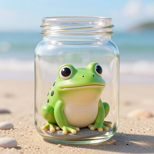 Realistic Frog in Glass Jar on Beach