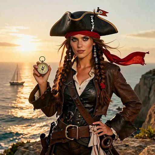 Vibrant Female Pirate on Coastal Cliff