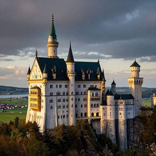 Photograph of a grand, illuminated medieval castle with multiple spires and towers, set against a cloudy sky and lush green landscape.