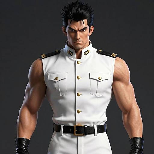 CGI image of a muscular, stern-looking man with black spiky hair, wearing a white military uniform with black gloves and epaulettes.