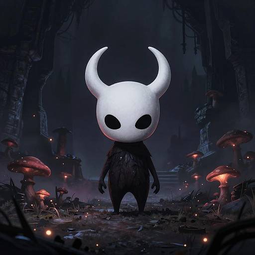 Digital art of a white, horned, black-eyed character with a dark cloak standing in a dark, eerie forest with glowing red mushrooms and floating lights