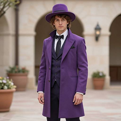 Photograph of a young man with curly brown hair, wearing a purple coat, black waistcoat, white shirt, black tie, and purple hat,