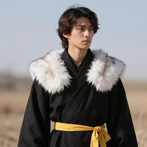 Serious Young Man with Yellow Sash