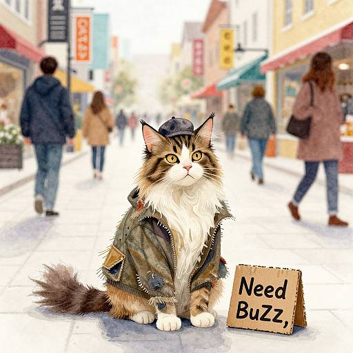 Photograph of a fluffy, long-haired tabby cat wearing a green jacket and black cap, sitting on a city sidewalk with a 