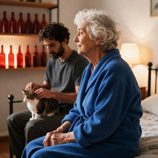 Elderly Woman in Blue Robe with Man Petting Cat