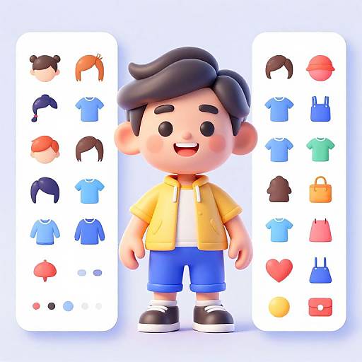 Digital cartoon boy with black hair, yellow shirt, blue shorts, smiling, surrounded by clothing and accessory icons on white background.