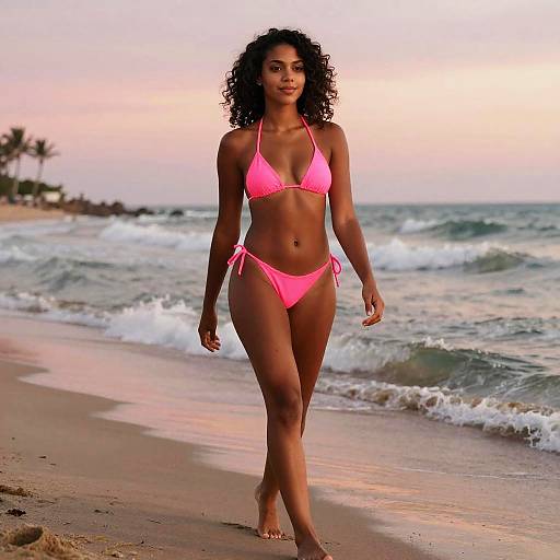 Photograph of a confident Black woman with curly hair, wearing a bright pink bikini, walking along a beach at sunset, with waves and palm trees in