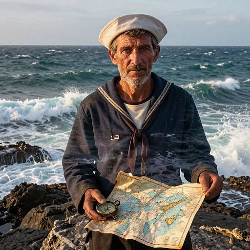 Grizzled old sailor with white hat and navy jacket, holding a map, stands on rocky shore with waves crashing behind.