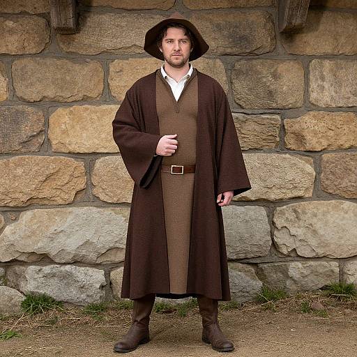 Photograph of a bearded man in a brown medieval-style robe, white shirt, and brown tunic, standing against a stone wall.